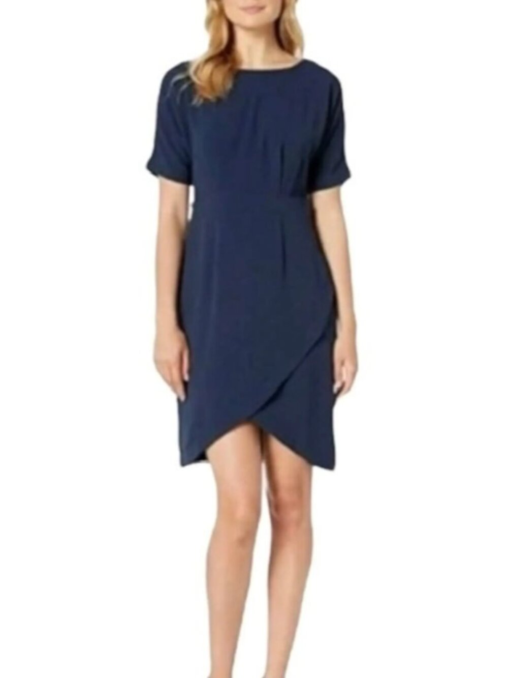 Bobeau Navy Scallop Crepey Asymmetrical Stretch Classic Dress